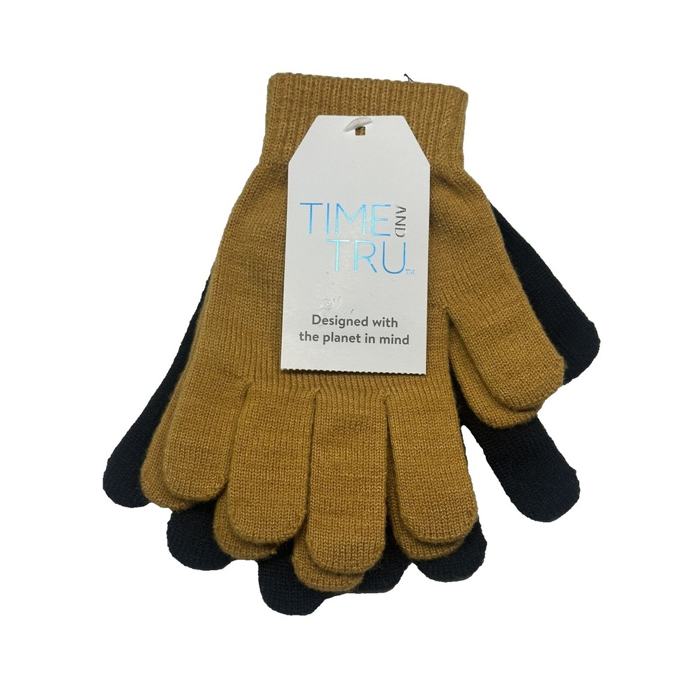 Time and Tru Womens 2 Pairs Winter Knit Gloves Brown Black One Size NWT